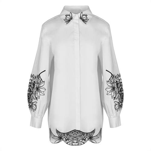 Anne Fontaine Anne Fontaine Women's Shirt Leonie White Long Sleeve Cotton Poplin Shirt With Black Embroidered Flowers