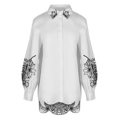 Anne Fontaine Anne Fontaine Women's Shirt Leonie White Long Sleeve Cotton Poplin Shirt With Black Embroidered Flowers