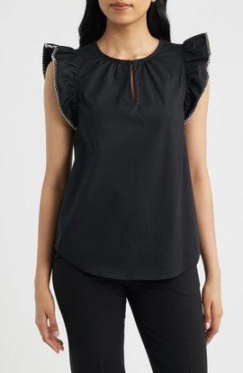 Anne Klein Anne Klein Blanket Stitch Flutter Sleeve Cotton Blend Top
