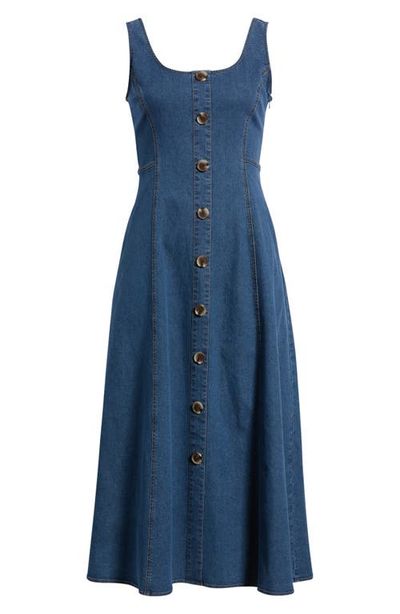 Anne Klein Anne Klein Button Detail Sleeveless Flared Denim Dress