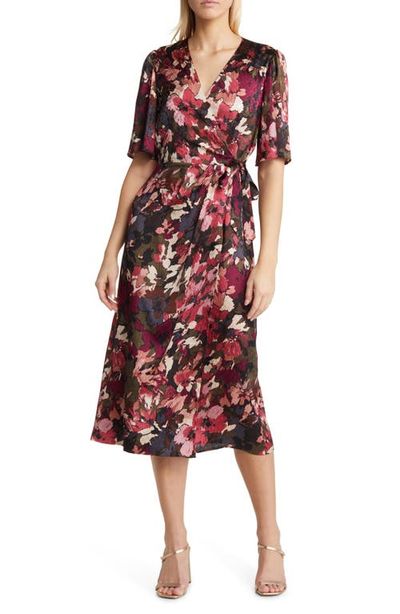 Anne Klein Anne Klein Flora Print Flutter Sleeve Faux Wrap Dress