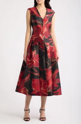 Anne Klein Anne Klein Floral Metallic V-Neck Midi Dress