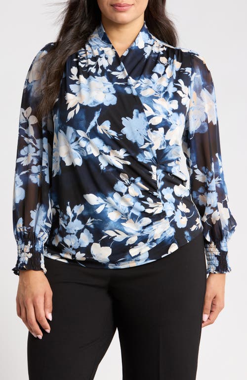 Anne Klein Anne Klein Floral Mixed Media Faux Wrap Blouse