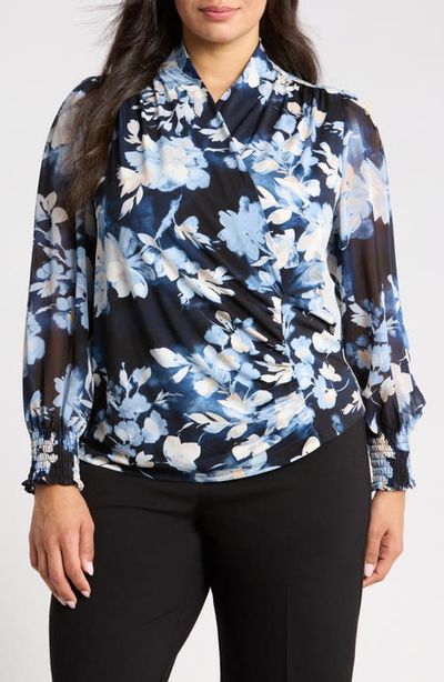Anne Klein Anne Klein Floral Mixed Media Faux Wrap Blouse