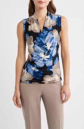Anne Klein Anne Klein Floral Ruched Faux Wrap Top