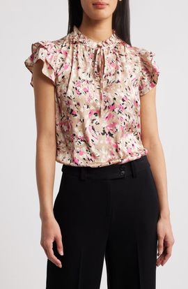 Anne Klein Anne Klein Floral Ruffle Sleeve Tie Neck Top