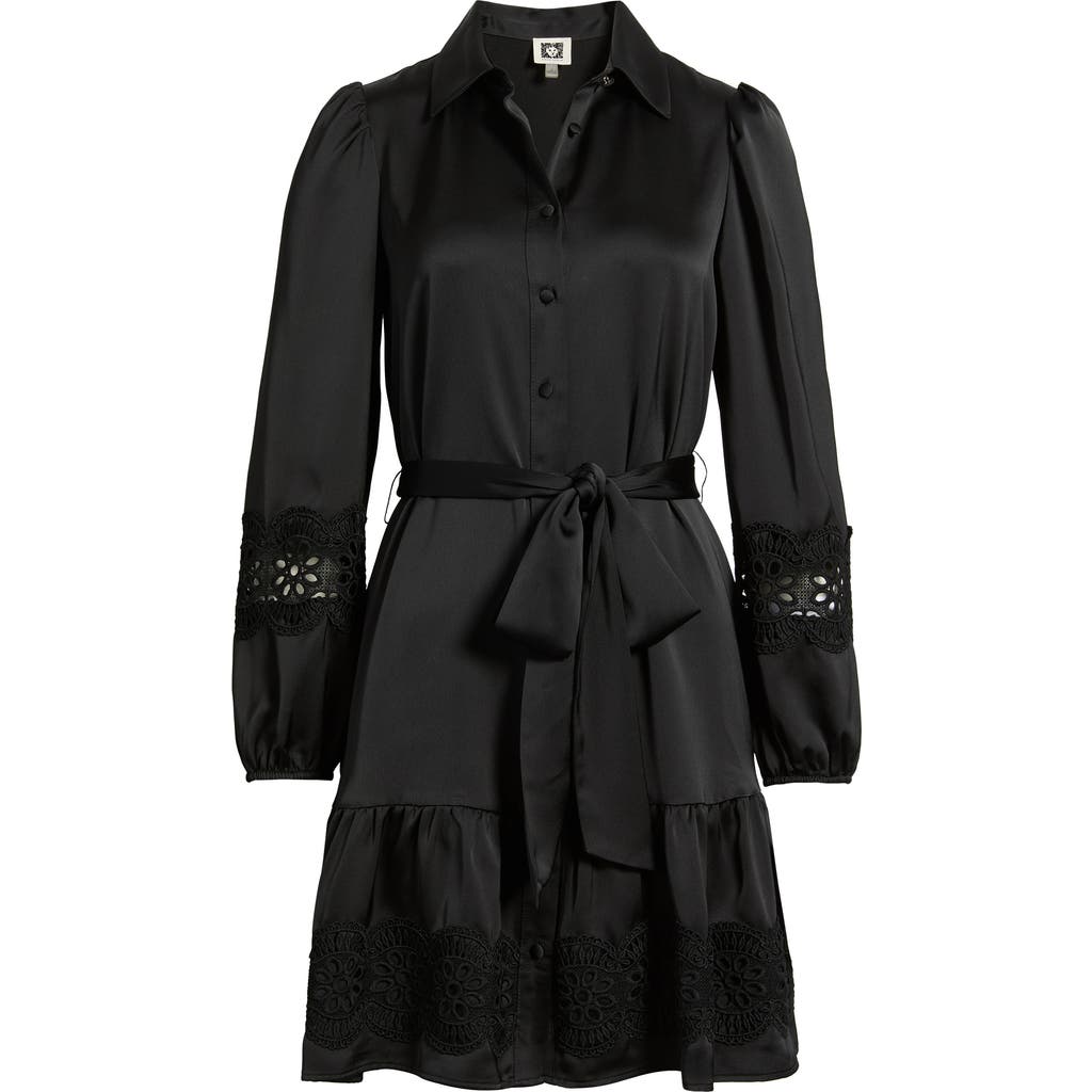 Anne Klein Anne Klein Lace Trim Long Sleeve Tie Belt Satin Shirtdress