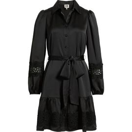 Anne Klein Anne Klein Lace Trim Long Sleeve Tie Belt Satin Shirtdress