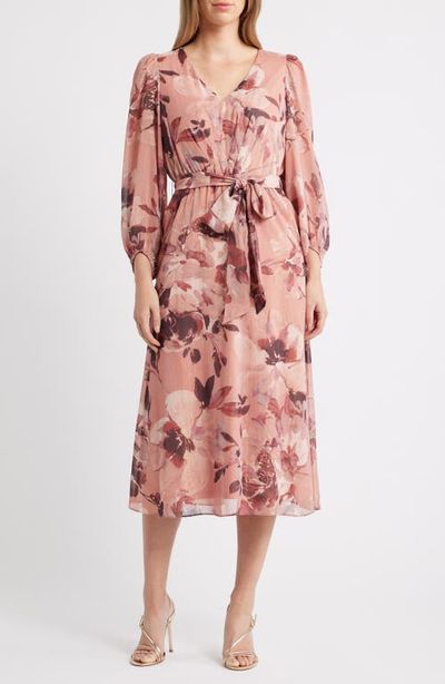 Anne Klein Anne Klein Metallic Stripe Floral Long Sleeve Midi Dress