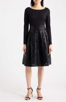 Anne Klein Anne Klein Mixed Media Long Sleeve Dress