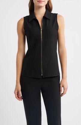 Anne Klein Anne Klein Pinstripe Front Zip Sleeveless Knit Top