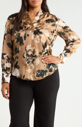 Anne Klein Anne Klein Pleated Front V-Neck Long Sleeve Top