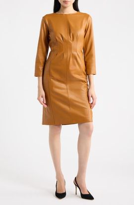 Anne Klein Anne Klein Pleated Waist Faux Leather Sheath Dress