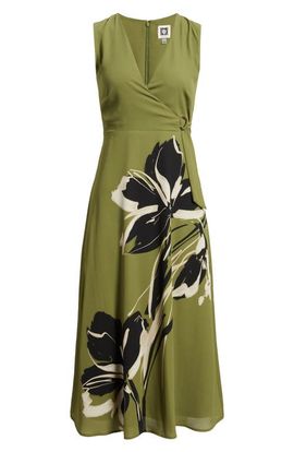 Anne Klein Anne Klein Print Sleeveless Faux Wrap Midi Dress