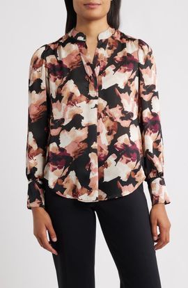 Anne Klein Anne Klein Printed Textured Crepe Long Sleeve Top