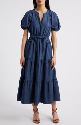 Anne Klein Anne Klein Puff Sleeve Tiered Denim Midi Dress