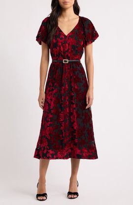 Anne Klein Anne Klein Puff Sleeve Velvet Burnout Midi Dress