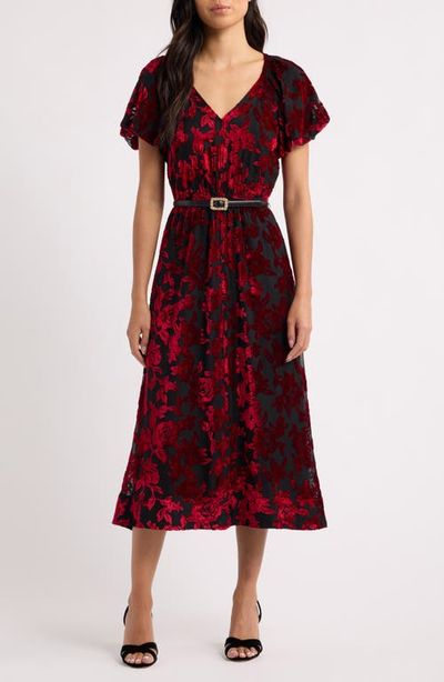 Anne Klein Anne Klein Puff Sleeve Velvet Burnout Midi Dress
