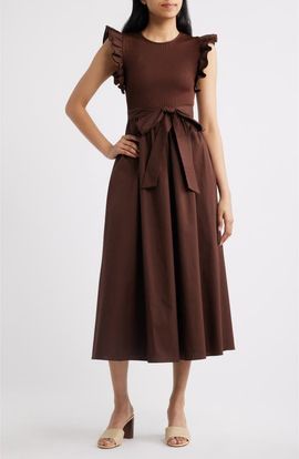Anne Klein Anne Klein Ruffle Mixed Media Midi Dress