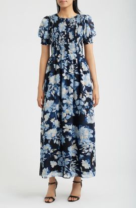 Anne Klein Anne Klein Smocked Puff Sleeve Maxi Dress