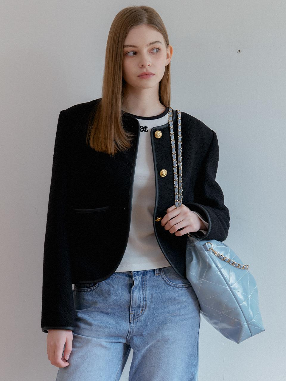 ANOETIC Round Neck Check Jacket - Black