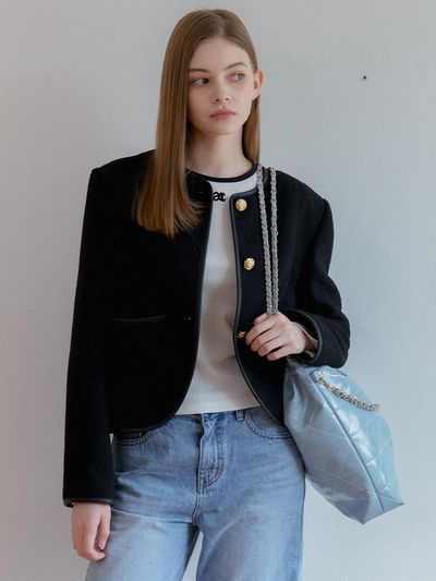 ANOETIC Round Neck Check Jacket - Black