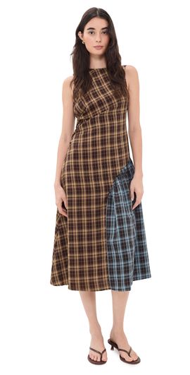 Another Girl Another Girl Contrast Check Panel Midaxi Dress Brown/Blue