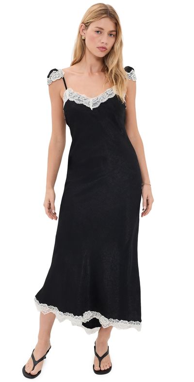 Another Girl Another Girl Lace Trim Satin Maxi Slip Dress Black