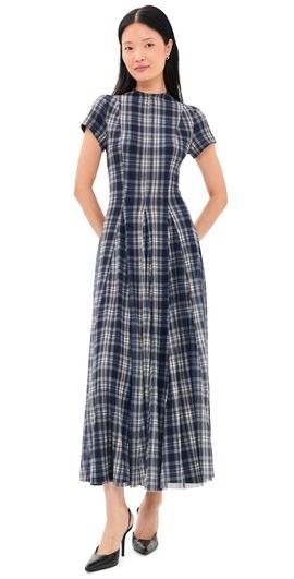 Another Girl Another Girl Mesh Check Godet Maxi Dress Navy/Cream