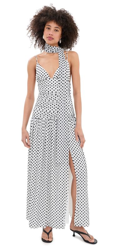 Another Girl Another Girl Spot Mesh Maxi Dress with Scarf White/Black
