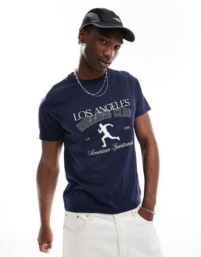 Another Influence Another Influence los angeles running club relaxed fit t-shirt in deep blue-Navy