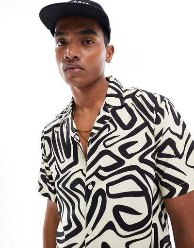 Another Influence Another Influence short sleeve printed revere collar shirt in white