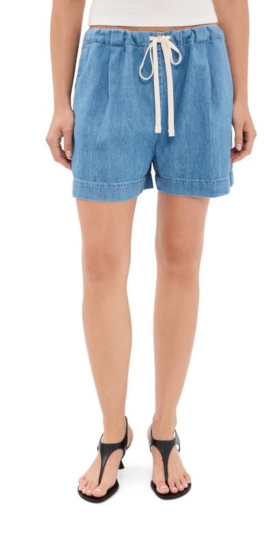Another Tomorrow Another Tomorrow Chambray Drawstring Shorts Light Blue Wash