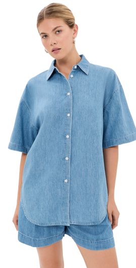 Another Tomorrow Another Tomorrow Chambray Short Sleeve Shirt Light Blue Wash
