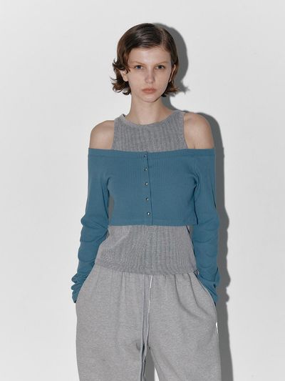 answerisyes Button Off Crop Cardigan Set_Blue