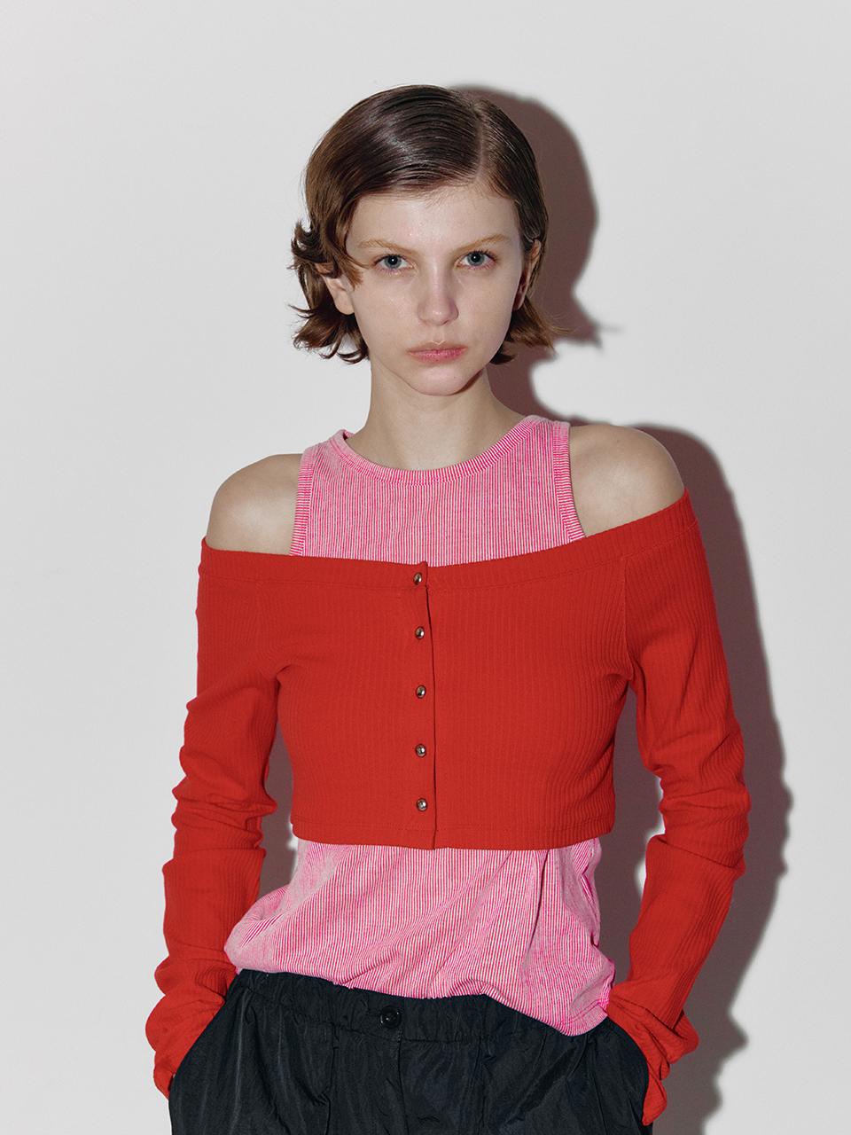 answerisyes Button Off Crop Cardigan Set_Red