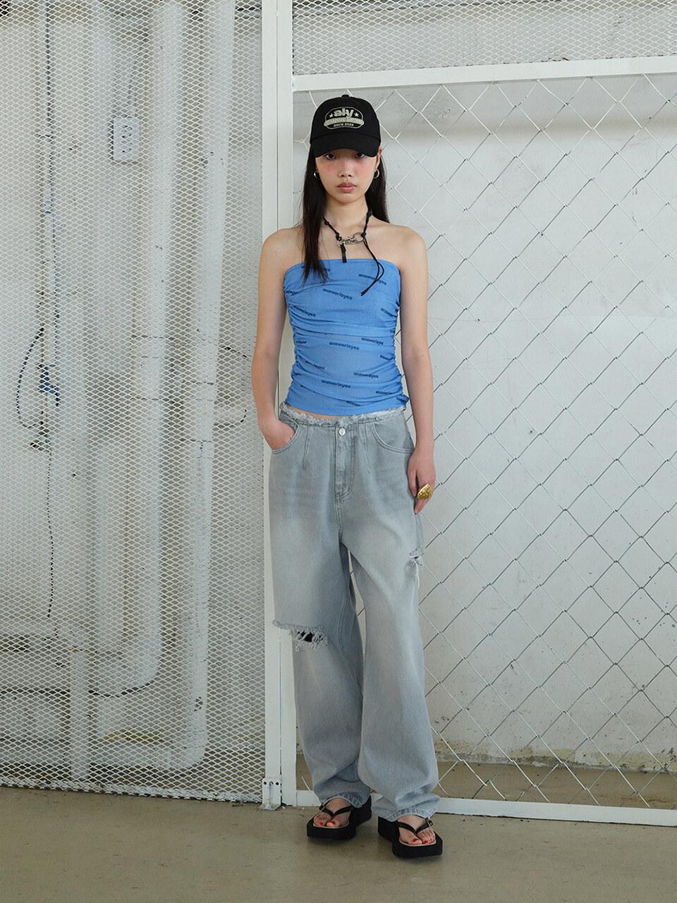answerisyes Drape Banded Tube Top Blue