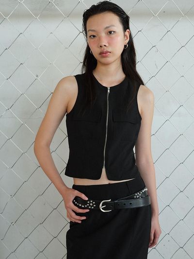 answerisyes Pocket zipper Sleeveless Shirt Black
