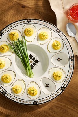 Anthropologie Bistro Tile Stoneware 24k Gold Accent Deviled Egg Platter