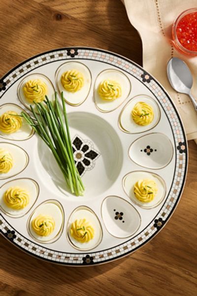 Anthropologie Bistro Tile Stoneware 24k Gold Accent Deviled Egg Platter