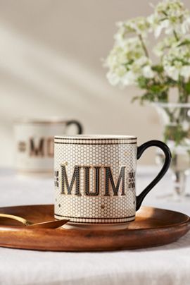 Anthropologie Bistro Tile Stoneware 24k Gold Accent Family Mug