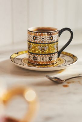 Anthropologie Bistro Tile Stoneware 24k Gold Accent Garden Espresso Cup & Saucer