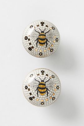 Anthropologie Bistro Tile Stoneware 24k Gold Accent Garden Knobs, Set of 2