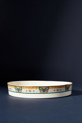 Anthropologie Bistro Tile Stoneware 24k Gold Accent Garden Pie Dish