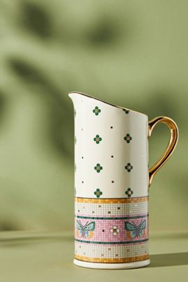Anthropologie Bistro Tile Stoneware 24k Gold Accent Garden Pitcher