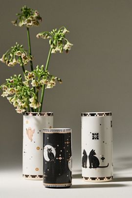 Anthropologie Bistro Tile Stoneware 24k Gold Accent Halloween Vase