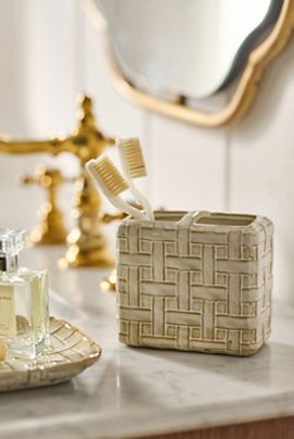 Anthropologie Cane Ceramic Woven Toothbrush Holder