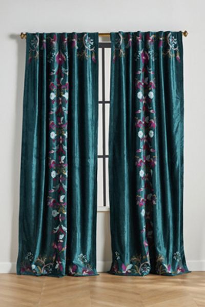 Anthropologie Fiori Velvet Embroidered Floral Blackout Curtain
