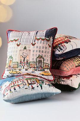 Anthropologie Holiday In The City Printed Cotton Pillow