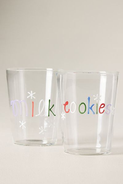Anthropologie Love Notes Milk & Cookies Juice Glasses, Set of 2